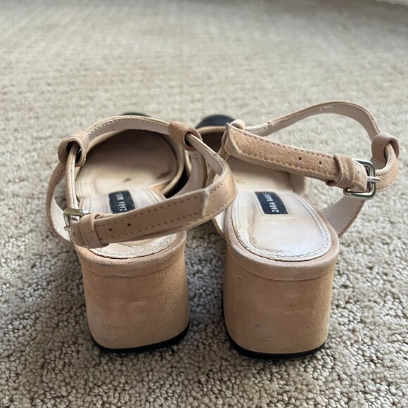 Zara Leather Slingback Block Heel Pump Strappy Beige Black Designer Size 6.5
